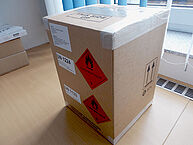 Dangerous goods box securely packed with dangerous goods symbol